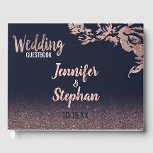 Navy Blue Rose Gold Glitzer Floral Guestbook