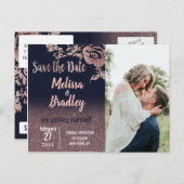 Navy Blue Rose Gold Glitzer Floral Save the Date Ankündigungspostkarte (Vorne/Hinten)