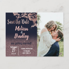 Navy Blue Rose Gold Glitzer Floral Save the Date Ankündigungspostkarte