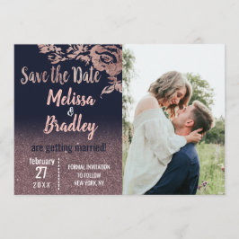 Navy Blue Rose Gold Glitzer Floral Save the Date Einladung