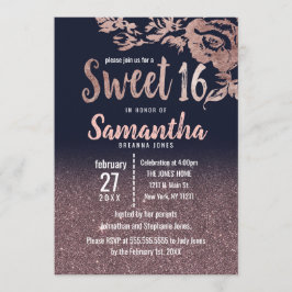 Navy Blue Rose Gold Glitzer Floral Sweet 16 Einladung