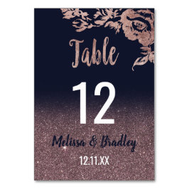 Navy Blue Rose Gold Glitzer Floral Tischnummern