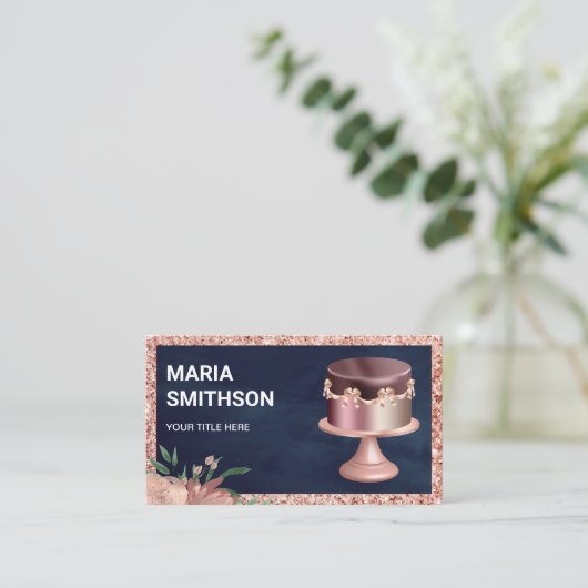 Navy Blue Rose Gold Glitzer Pink Cake Bäckerei Visitenkarte (Stehend Vorderseite)