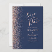 Navy Blue Rose Gold Glitzer Save the Date Ankündigung (Vorderseite)