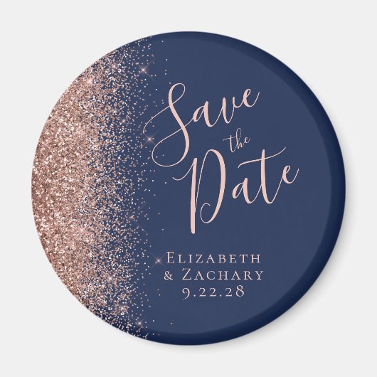 Navy Blue Rose Gold Glitzer Script Save the Date Magnet (Vorne)
