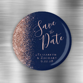 Navy Blue Rose Gold Glitzer Script Save the Date Magnet