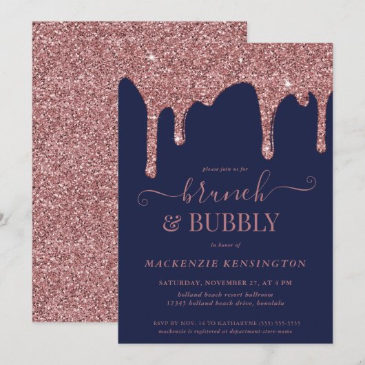Navy Blue Rose Gold Glitzer Tropfen Brunch Bubbly Einladung (Vorne/Hinten)