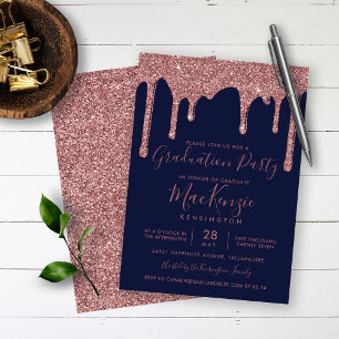 Navy Blue Rose Gold Glitzer Tropfen Graduation Par Einladung