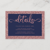 Navy Blue Rose Gold Glitzer Tropfen Hochzeitdetail Begleitkarte (Rückseite)