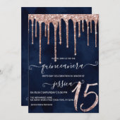 Navy Blue Rose Gold Glitzer Tropfen Quinceañera Einladung (Vorne/Hinten)