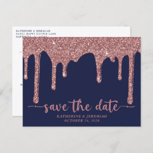 Navy Blue Rose Gold Glitzer Tropfen Save the Date Ankündigungspostkarte