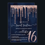 Navy Blue Rose Gold Glitzer Tropfen Sweet 16 Einladung<br><div class="desc">Diese hübsche und gürmische 16 . Geburtstag Geburtstagsfeier ist perfekt für das trendige und stilvolle Girl. Es enthält Imitate, die auf einem dunkelmarineblau unterlegten Tropfen aus Gold der funkelnd Rose gedruckt wurden. Es ist modern, glamourös, chic, einzigartig und cool, das perfekte Design für Ihren besonderen Tag. ***WICHTIGE HINWEIS FÜR DESIGN:...</div>