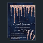 Navy Blue Rose Gold Glitzer Tropfen Sweet 16 Einladung<br><div class="desc">Diese hübsche und gürmische 16 . Geburtstag Geburtstagsfeier ist perfekt für das trendige und stilvolle Girl. Es enthält Imitate, die auf einem dunkelmarineblau unterlegten Tropfen aus Gold der funkelnd Rose gedruckt wurden. Es ist modern, glamourös, chic, einzigartig und cool, das perfekte Design für Ihren besonderen Tag. ***WICHTIGE HINWEIS FÜR DESIGN:...</div>