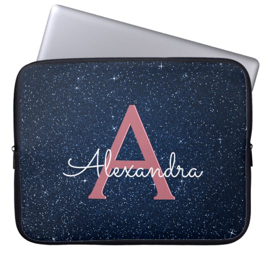 Navy Blue & Rose Gold Glitzer und Sparkle Monogram Laptopschutzhülle (Vorderseite)
