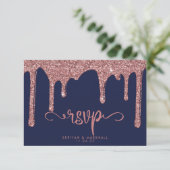 Navy Blue Rose Gold Glitzer Wedding RSVP (Stehend Vorderseite)