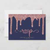 Navy Blue Rose Gold Glitzer Wedding RSVP Karte (Vorderseite)