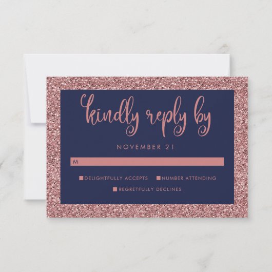Navy Blue Rose Gold Glitzer Wedding RSVP Karte (Rückseite)