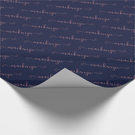 Navy Blue Rose Gold Handgeschriebener Skriptname Geschenkpapier (Ecke)