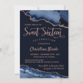 Navy Blue Rose Gold Marble Agate Sweet 16 Foto Einladung (Vorderseite)