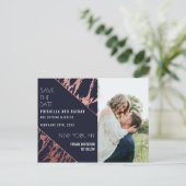 Navy Blue Rose Gold Marble Diagonal Save the Date Postkarte (Stehend Vorderseite)