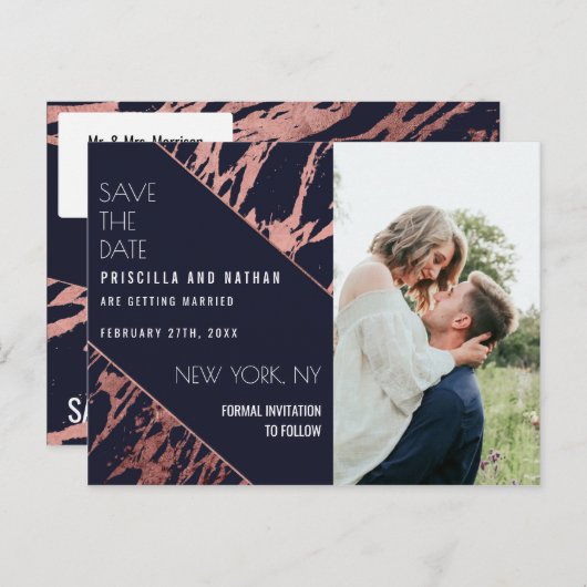 Navy Blue Rose Gold Marble Diagonal Save the Date Postkarte (Vorne/Hinten)