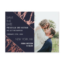 Navy Blue Rose Gold Marble Diagonal Save the Date