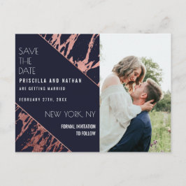 Navy Blue Rose Gold Marble Diagonal Save the Date Postkarte