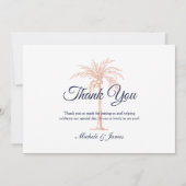 Navy Blue Rose Gold Palm Tree Hochzeitssemble Foto Dankeskarte (Rückseite)