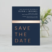 Navy Blue Rose Gold Save the Date Elegant Folieneinladung (Stehend vorne)