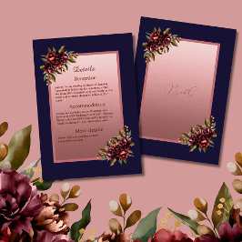Navy Blue Rose Gold Script Burgundy floral wedding Begleitkarte