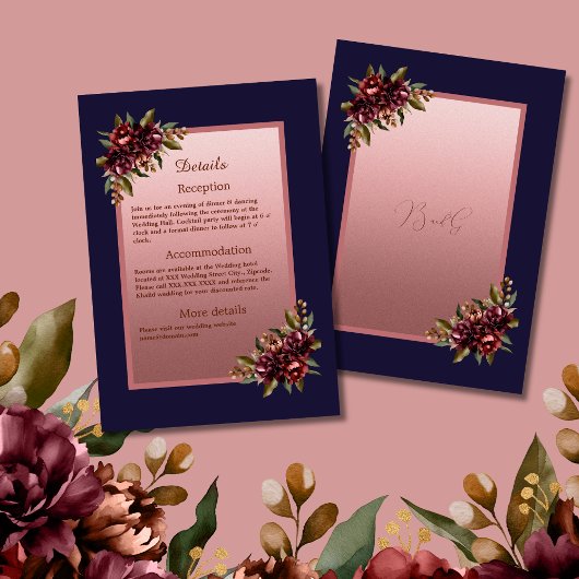 Navy Blue Rose Gold Script Burgundy floral wedding Begleitkarte