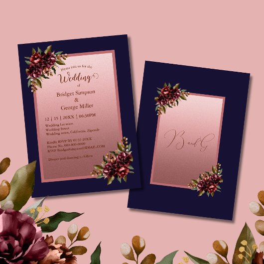 Navy Blue Rose Gold Script Burgundy floral wedding Einladung