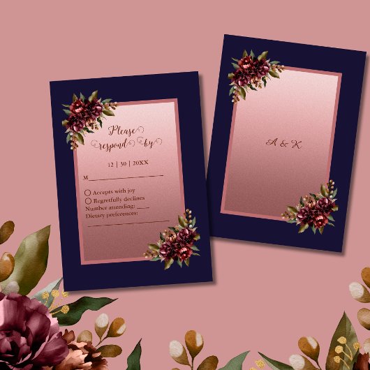 Navy Blue Rose Gold Script Burgundy floral wedding RSVP Karte