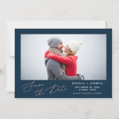 Navy Blue & Rose Gold Script Foto Save the Date Magneteinladung (Vorderseite)