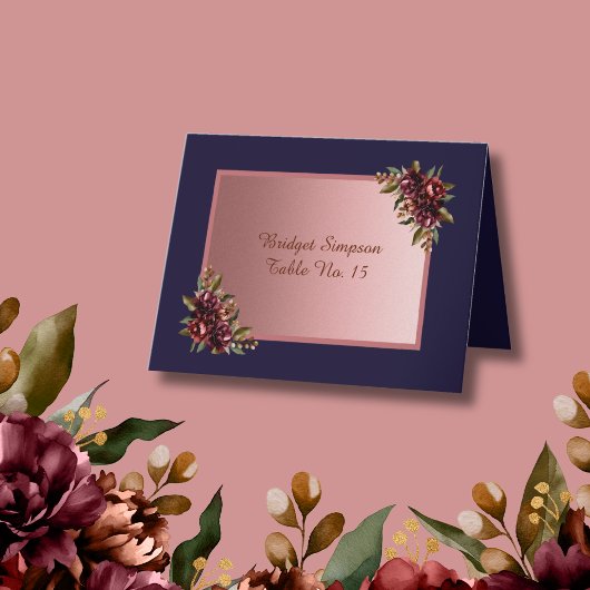 Navy Blue Rose Gold script pink Floral Guest Card Dankeskarte