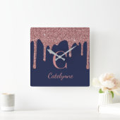 Navy Blue Rose Gold Sparkass Glitzer Tropfen Monog Quadratische Wanduhr (Zuhause)