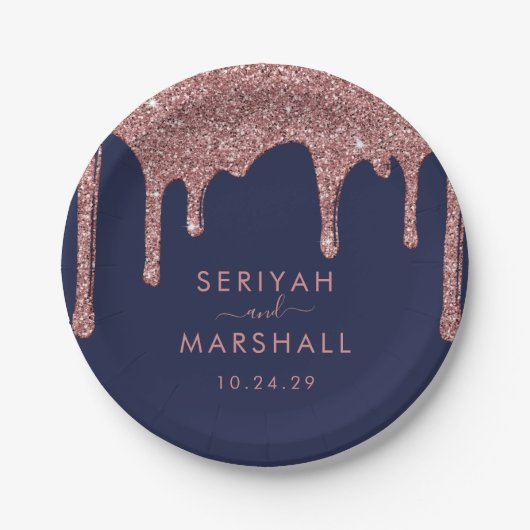 Navy Blue Rose Gold Sparkle Glitzer Tropfen Hochze Pappteller (Vorderseite)