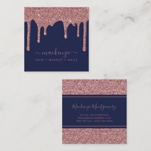 Navy Blue Rose Gold Sparkle Glitzer Tropfen Luxus Quadratische Visitenkarte (Vorne/Hinten)