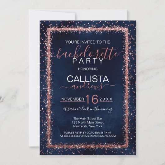 Navy Blue Rose Gold Sprinkle Confetti Bachelorette Einladung (Vorderseite)