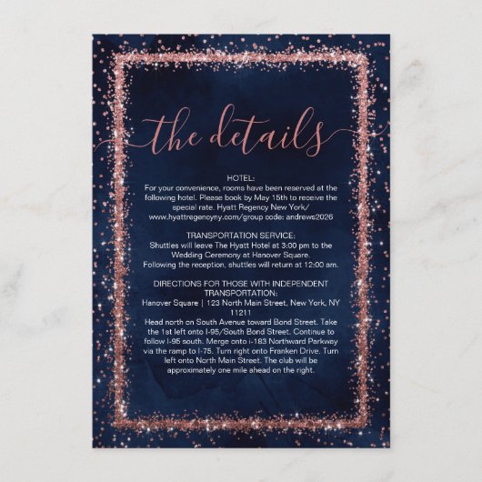 Navy Blue Rose Gold Sprinkler Confetti Details Begleitkarte (Vorderseite)