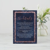 Navy Blue Rose Gold Sprinkler Confetti Details Begleitkarte (Stehend Vorderseite)
