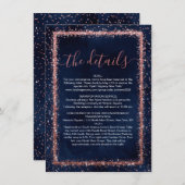 Navy Blue Rose Gold Sprinkler Confetti Details Begleitkarte (Vorne/Hinten)