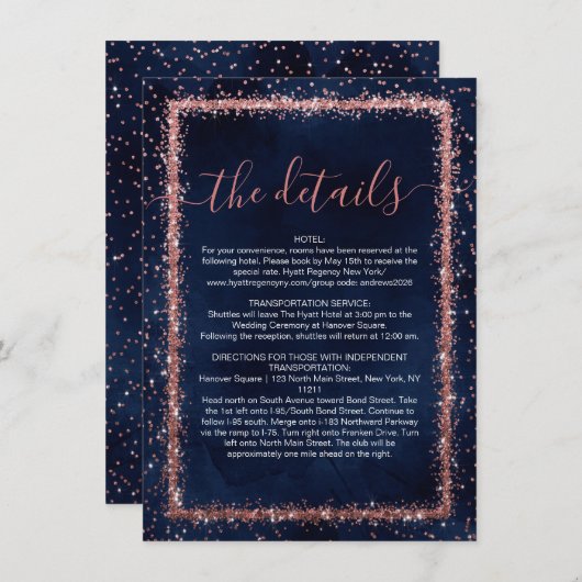 Navy Blue Rose Gold Sprinkler Confetti Details Begleitkarte (Vorne/Hinten)
