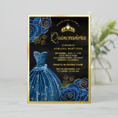 Navy Blue Rose Gown Black Quinceanera Gold Folieneinladung (Stehend vorne)