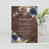 Navy Blue Rose Rustic Wood Wedding Einladung (Stehend Vorderseite)