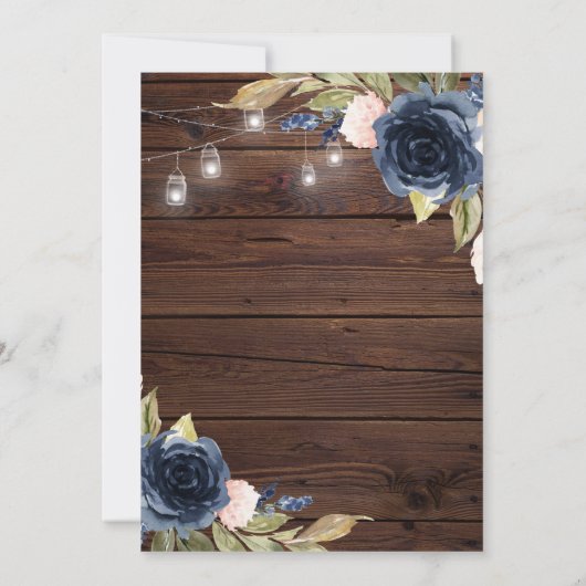 Navy Blue Rose Rustic Wood Wedding Einladung (Rückseite)