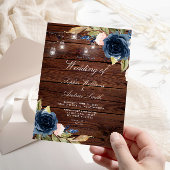 Navy Blue Rose Rustic Wood Wedding Einladung