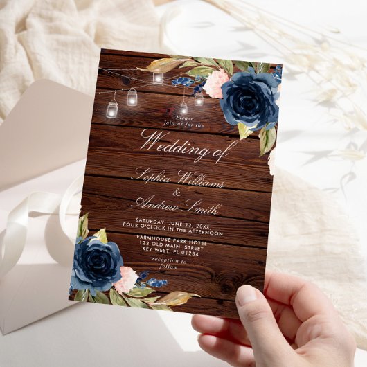 Navy Blue Rose Rustic Wood Wedding Einladung