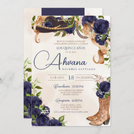 Navy Blue Rose Vintag Charro Western Quinceañera Einladung
