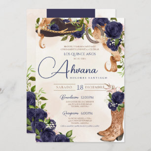 Navy Blue Rose Vintag Charro Western Quinceañera Einladung